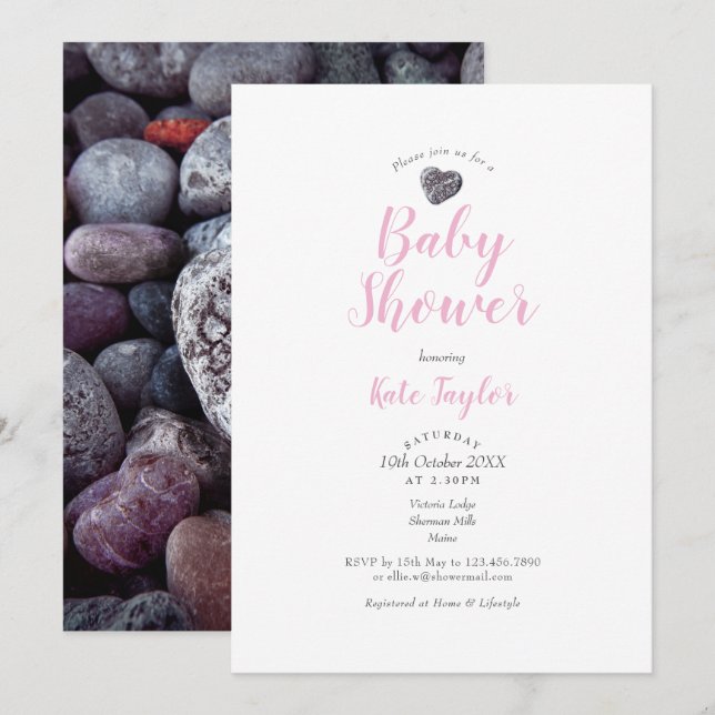 Convite Chuva de Bebê Pebble Heart Rosa / Chuva de Amor /  (Frente/Verso)