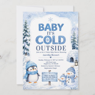 Convite Chuva de Bebê Pengim Boneco de Neve Azul de Invern