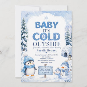 Convite Chuva de Bebê Penguim Boneco de Neve Azul de Inver