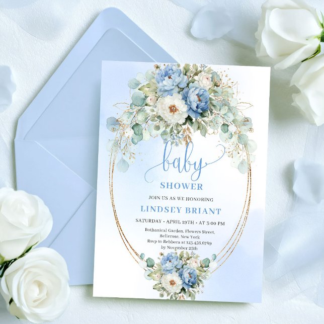 Convite Chuva de Bebê Peônias Clássicas Azul Claro Eucalip (Classic Light Blue Peonies Eucalyptus Baby Shower

)