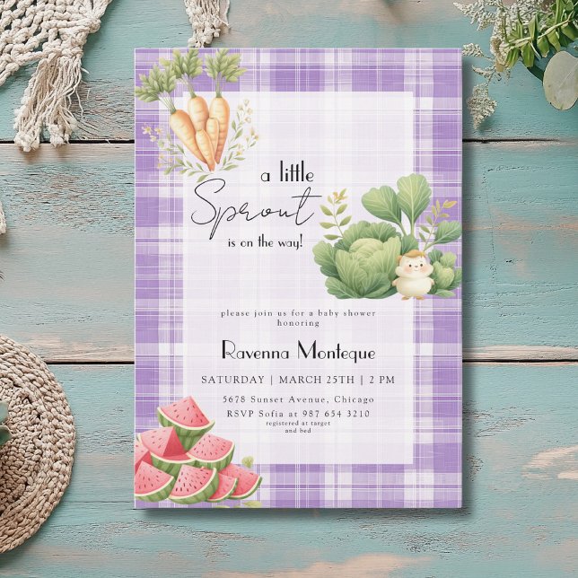 Convite Chuva de Bebê Pequeno Broto Gingham Roxo (Criador carregado)