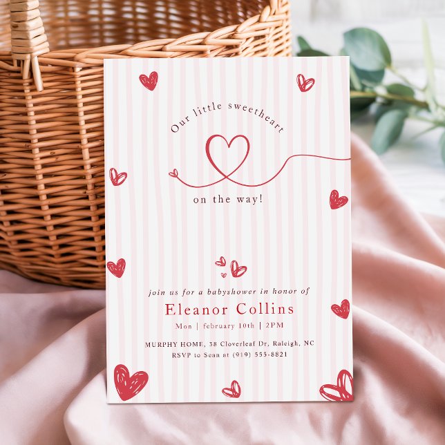 Convite Chuva de Bebê Pequeno Coração Doce Rosa Vermelho (Criador carregado)