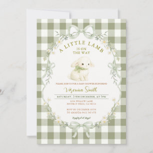 Convite Chuva de Bebê Pequeno Cordeiro Verde Sage Gingham