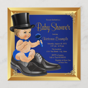 Convite Chuva de Bebê Pequeno Homem Azul Real Dourado