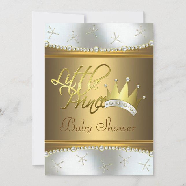 Convite Chuva de Bebê Pequeno Príncipe Branco e Dourado El (Frente)