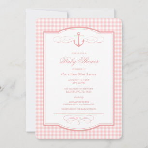 Convite Chuva de Bebê Petal Pink Gingham Preppy Costeira