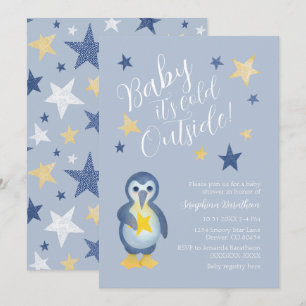 Convite Chuva de Bebê Pinguim de Inverno Azul e Amarelo