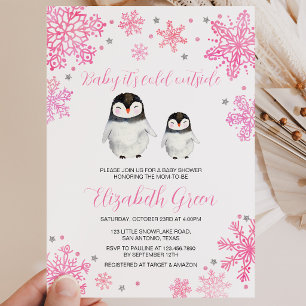 Convite Chuva de Bebê Pinguim de Inverno Rosa