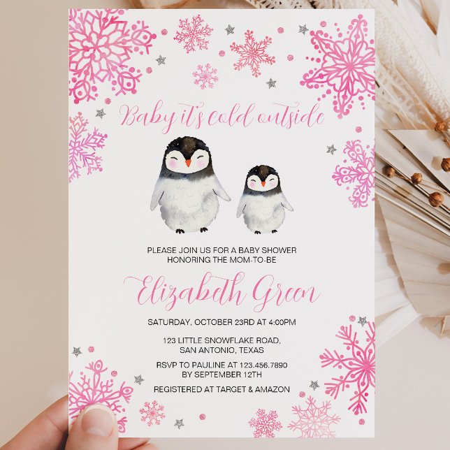 Convite Chuva de Bebê Pinguim de Inverno Rosa (Criador carregado)