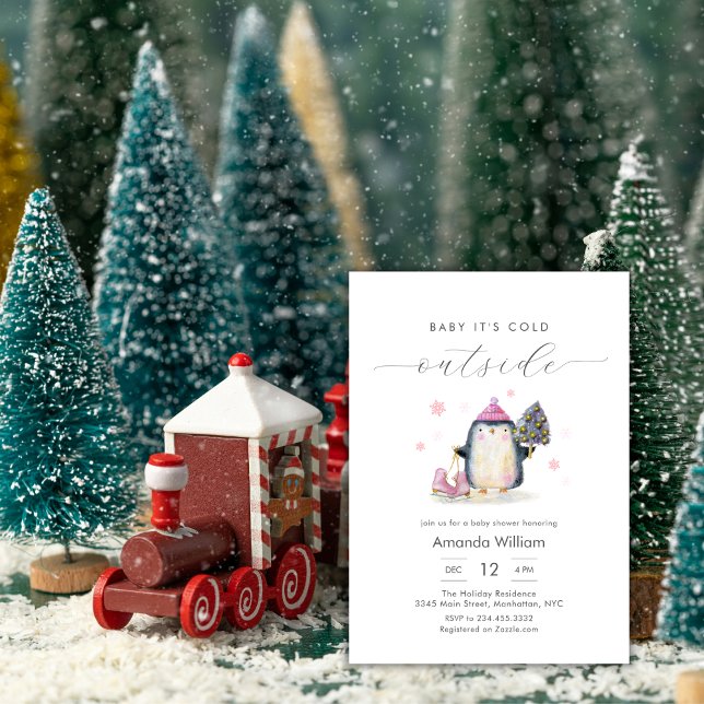 Convite Chuva de Bebê Pinguim de Inverno Rosa Floresta (Pink Winter Woodland Penguin Baby Shower Invitation)