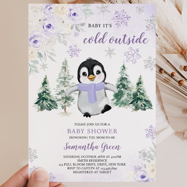 Convite Chuva de Bebê Pinguim de Inverno Roxo (Criador carregado)