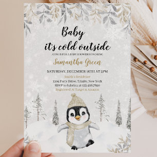 Convite Chuva de Bebê Pinguim Prata e Dourado