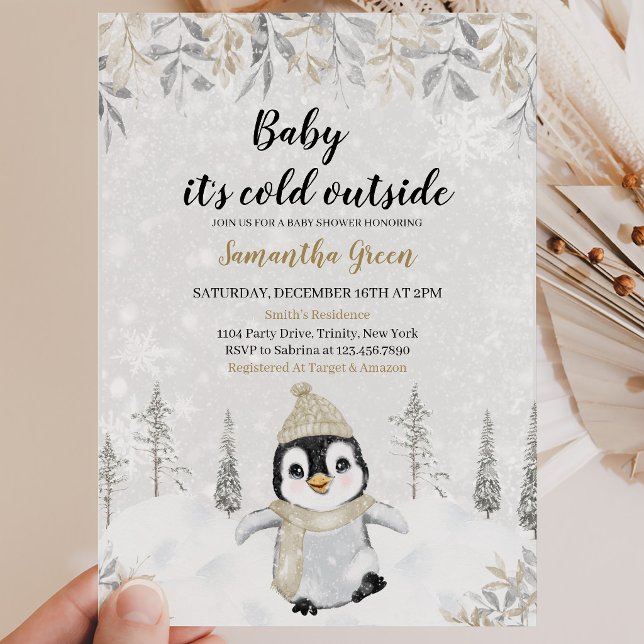 Convite Chuva de Bebê Pinguim Prata e Dourado (Criador carregado)