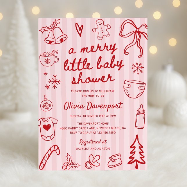 Convite Chuva de Bebê Pink Red Christmas Doodle Merry Litt (Criador carregado)