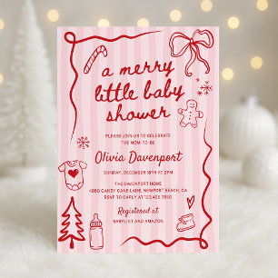 Convite Chuva de Bebê Pink Red Christmas Doodle Merry Litt