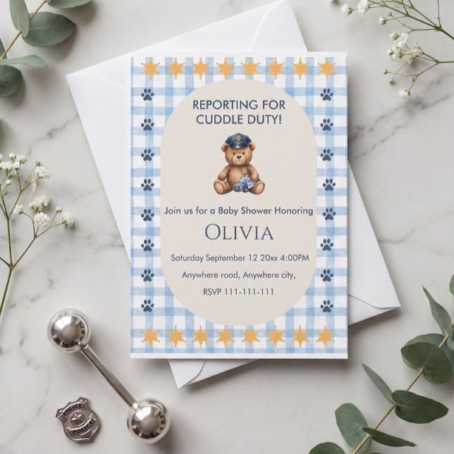 Convite Chuva de Bebê Policial: Apresentando-se para o Dev (Reporting for Cuddle Duty Police Baby Shower Invitation)