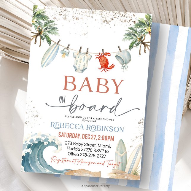 Convite Chuva de Bebê Praia de Surf (baby on board invitation, surf baby shower, beach baby shower, surfing baby shower, summer baby show)