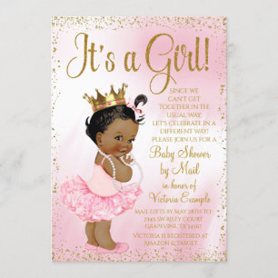 Convite Chuva de Bebê Princesa Africana Rosa Dourado Tutu