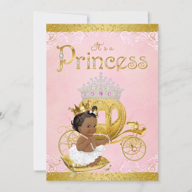 Convite Chuva de Bebê Princesa Afro-Americana em Dourado R (Frente)
