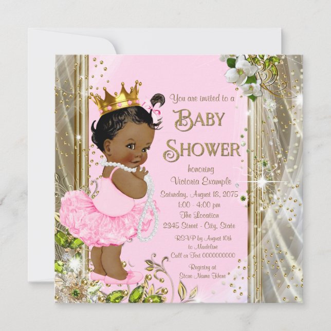 Convite Chuva de Bebê Princesa Afro-Americana Rosa Tutu (Frente)