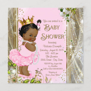 Convite Chuva de Bebê Princesa Afro-Americana Rosa Tutu