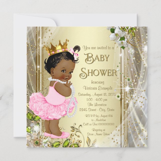 Convite Chuva de Bebê Princesa Afro-Americana Rosa Tutu (Frente)