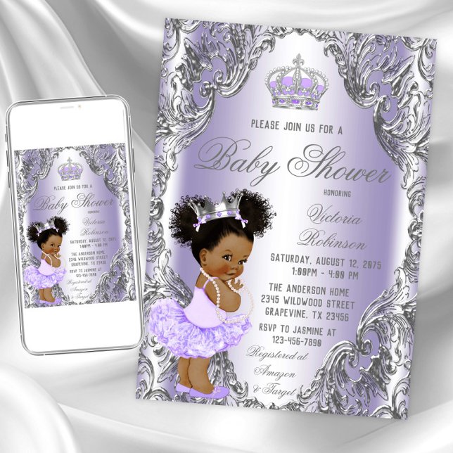 Convite Chuva de Bebê Princesa Afro Cabelo Roxo Prata (Lavender silver baby shower invitation. Instant download and printed invitations available.)