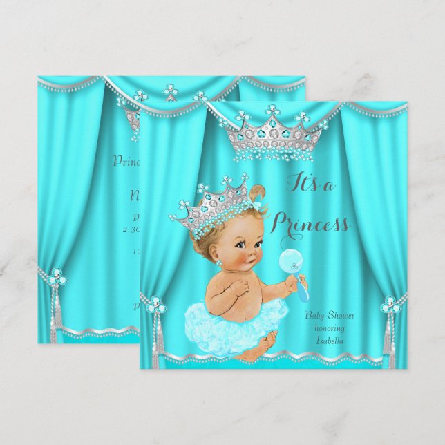 Convite Chuva de Bebê Princesa Aqua Azul Turquesa Prata Lo (Frente/Verso)