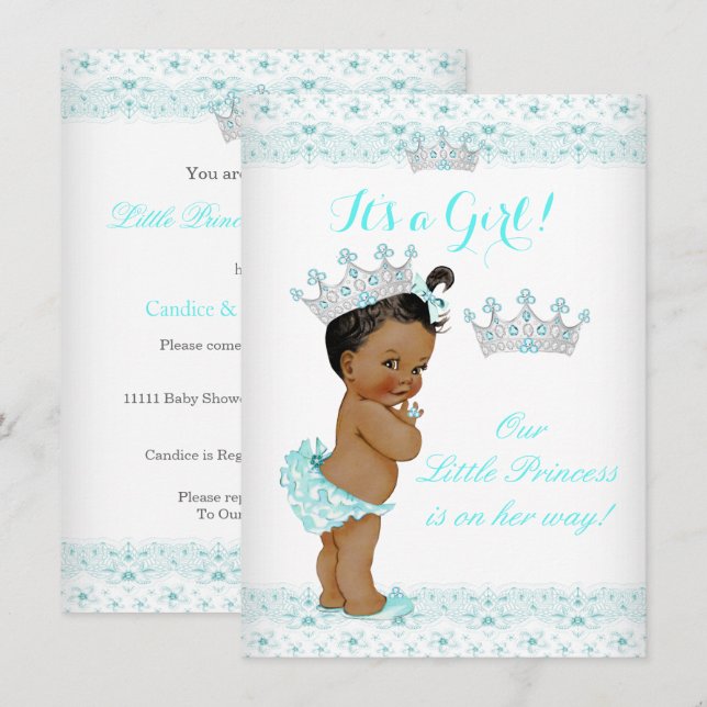 Convite Chuva de Bebê Princesa Aqua Branco Tiara Étnico (Frente/Verso)