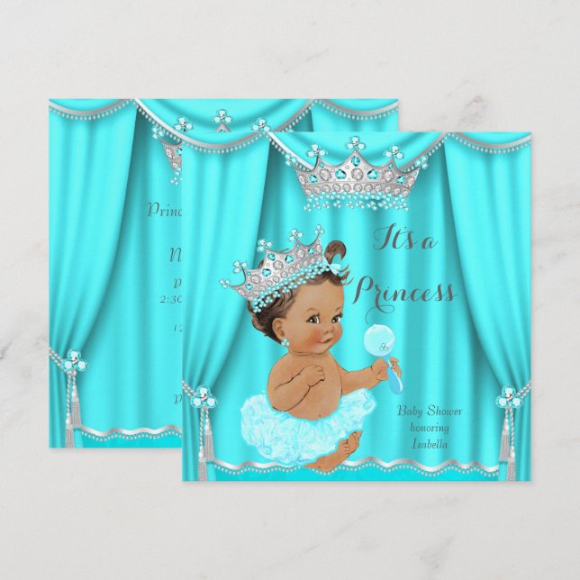 Convite Chuva de Bebê Princesa Aqua Verde Prata Morena (Frente/Verso)