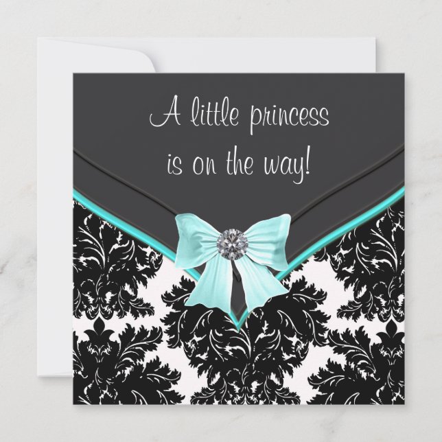 Convite Chuva de Bebê Princesa Arco Azul Turquesa Damask P (Frente)