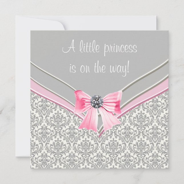Convite Chuva de Bebê Princesa Arco Rosa Damask Rosa e Cin (Frente)