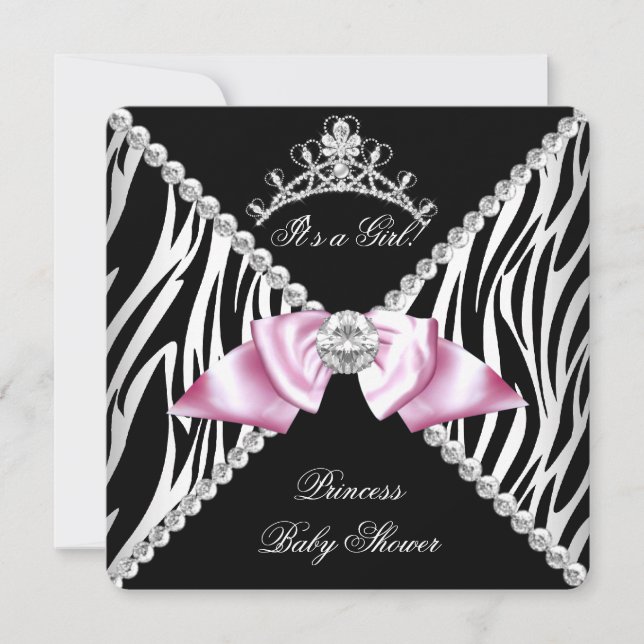 Convite Chuva de Bebê Princesa Arco Rosa Zebra Preta (Frente)