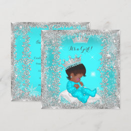 Convite Chuva de Bebê Princesa Azul Turquesa Prata Afro-Am