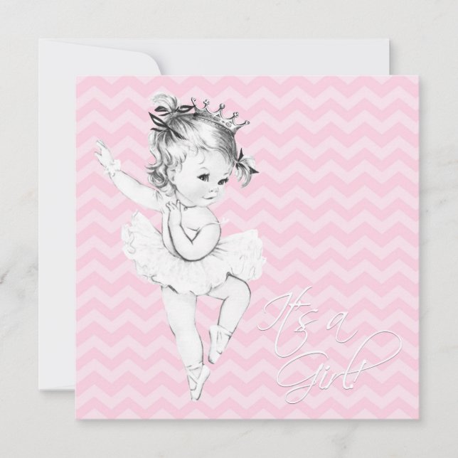 Convite Chuva de Bebê Princesa Bailarina Chevron Rosa (Frente)