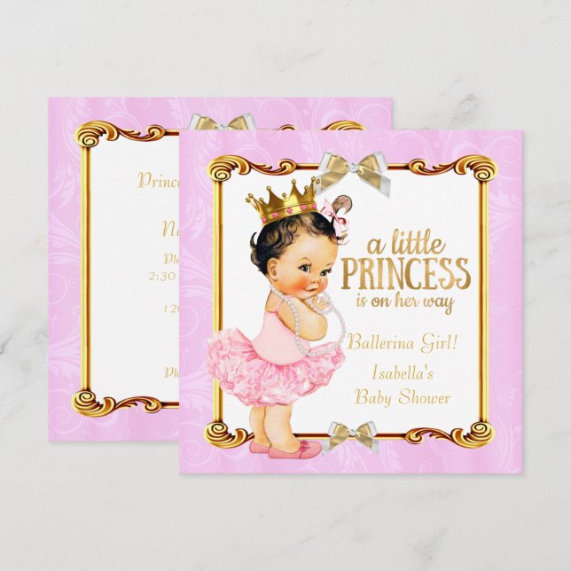 Convite Chuva de Bebê Princesa Bailarina Rosa Dourado More (Frente/Verso)