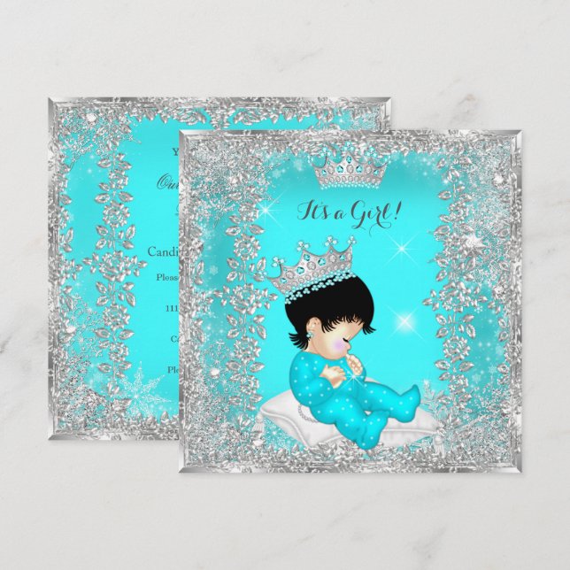 Convite Chuva de Bebê Princesa Bebê Azul Teal Prata Morena (Frente/Verso)