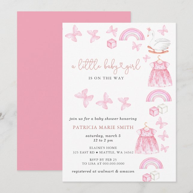 Convite Chuva de Bebê Princesa Cisne Borboleta Rosa Menina (Frente/Verso)