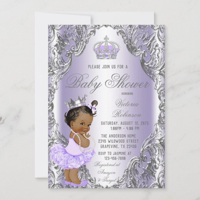 Convite Chuva de Bebê Princesa com Tutu Roxo Prata (Frente)