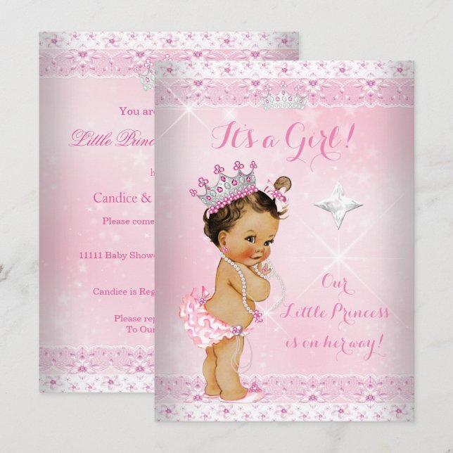 Convite Chuva de Bebê Princesa Coroa de Renda Rosa Morena (Frente/Verso)