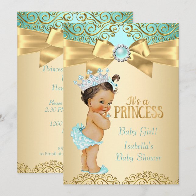 Convite Chuva de Bebê Princesa Damasco Azul Turquesa e Dou (Frente/Verso)