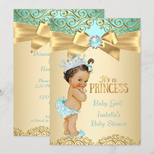 Convite Chuva de Bebê Princesa Damasco Azul Turquesa e Dou