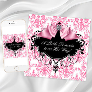 Convite Chuva de Bebê Princesa Damasco Rosa e Preto