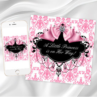 Convite Chuva de Bebê Princesa Damasco Rosa e Preto