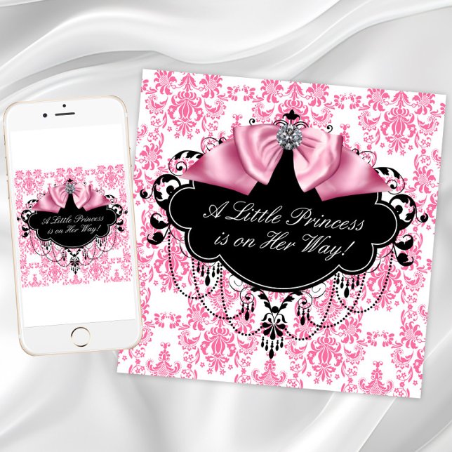 Convite Chuva de Bebê Princesa Damasco Rosa e Preto (Pink and black baby shower invitations. Add your own text. Instant download and printed available.)