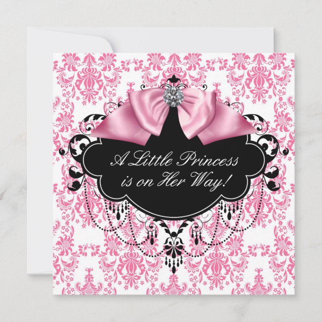 Convite Chuva de Bebê Princesa Damasco Rosa e Preto (Frente)