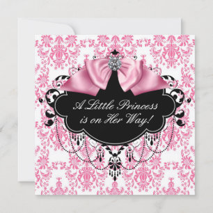 Convite Chuva de Bebê Princesa Damasco Rosa e Preto