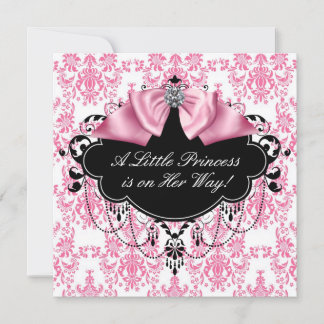 Convite Chuva de Bebê Princesa Damasco Rosa e Preto