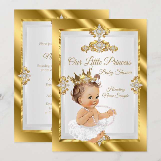 Convite Chuva de Bebê Princesa Dourado Branco Morena (Frente/Verso)