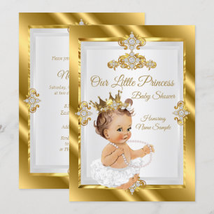 Convite Chuva de Bebê Princesa Dourado Branco Morena